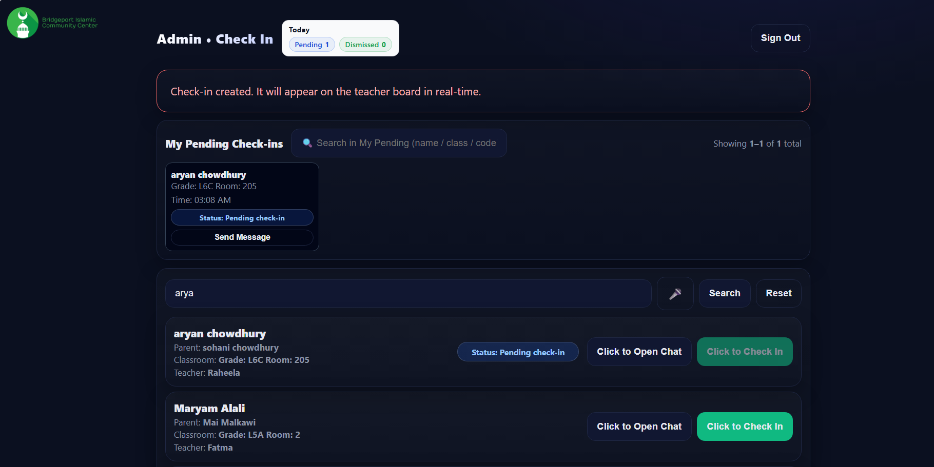 Admin check-in